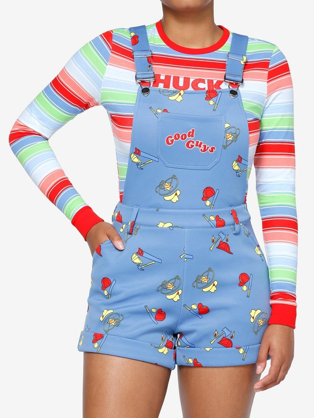 Hot Topic Blue 'Good Guys' Printed Shortalls Medium
